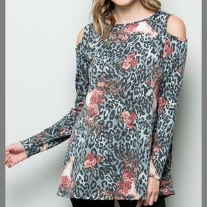 Blue Camo Asymmetric Shoulder Cutout Tunic